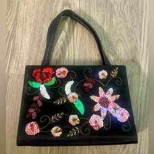 Floral Embroidered Black Handbag
